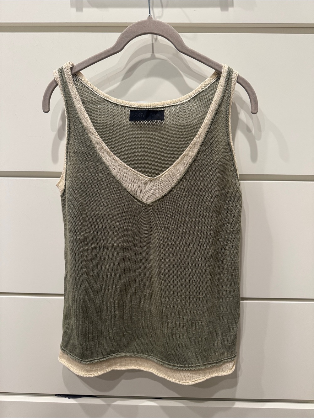Zara Olive Green Knit V-Neck Tank with Cream Trim
